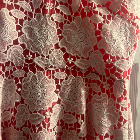 Karl Lagerfeld Crochet Lace Overlay Coral Fit Flare Wedding Guest Dress NICE! - Picture 2 of 11